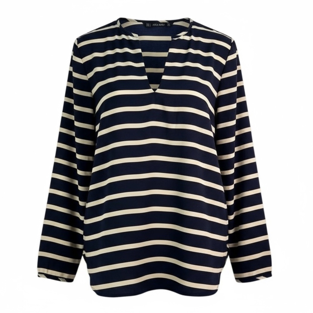 Zara Women's Striped V-Neck Blouse‎ Size M Navy Gold Stripes Long Sleeve Casual